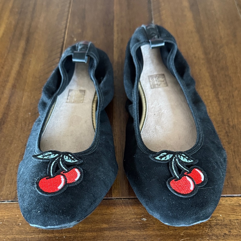 Chic Black Flats with Cherry Embroidery